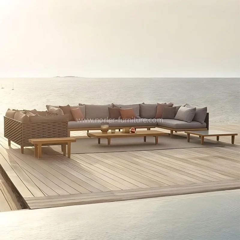 Сучасний зовнішній тиковий дерев’яний рамка мотузок тканий диван